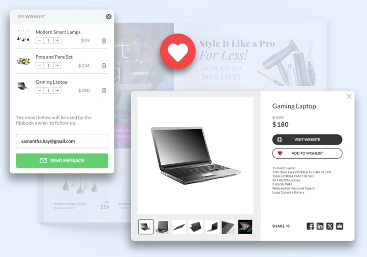adding a product to a wishlist in a flipbook