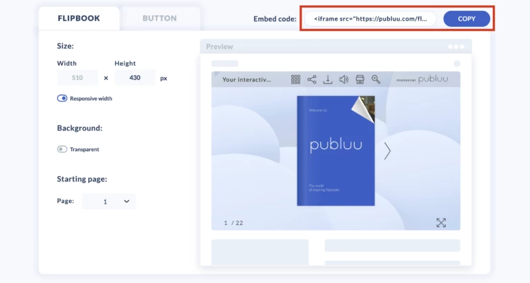 Embedding the flipbook with embed code