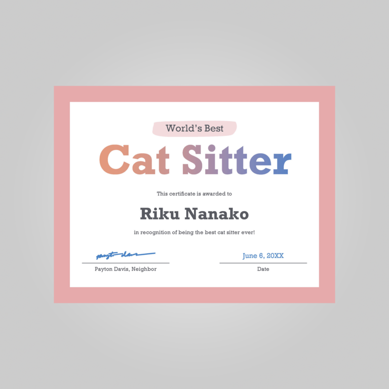 cat sitter certificat template