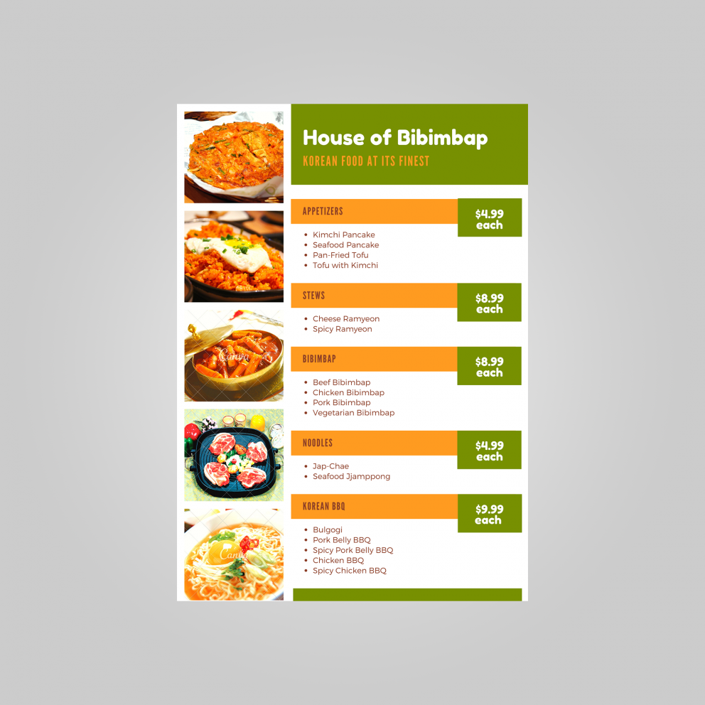 Menu products on sale price list