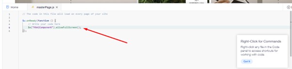 fügen Sie den Code in die Datei "masterPage.js" ein, um das Problem der Vollbildansicht bei Wix zu beheben