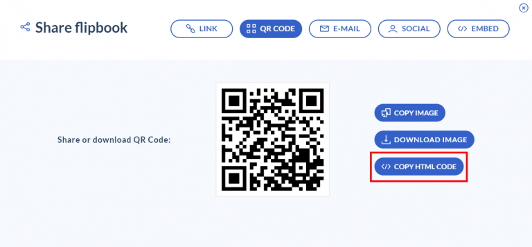 copy the HTML code to your flipbook's QR code to embed it on your website