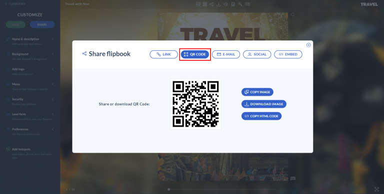 click the QR code button in the share flipbook pop-up window