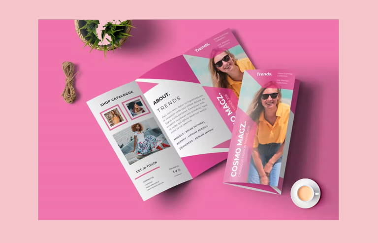 trifold pink brochure